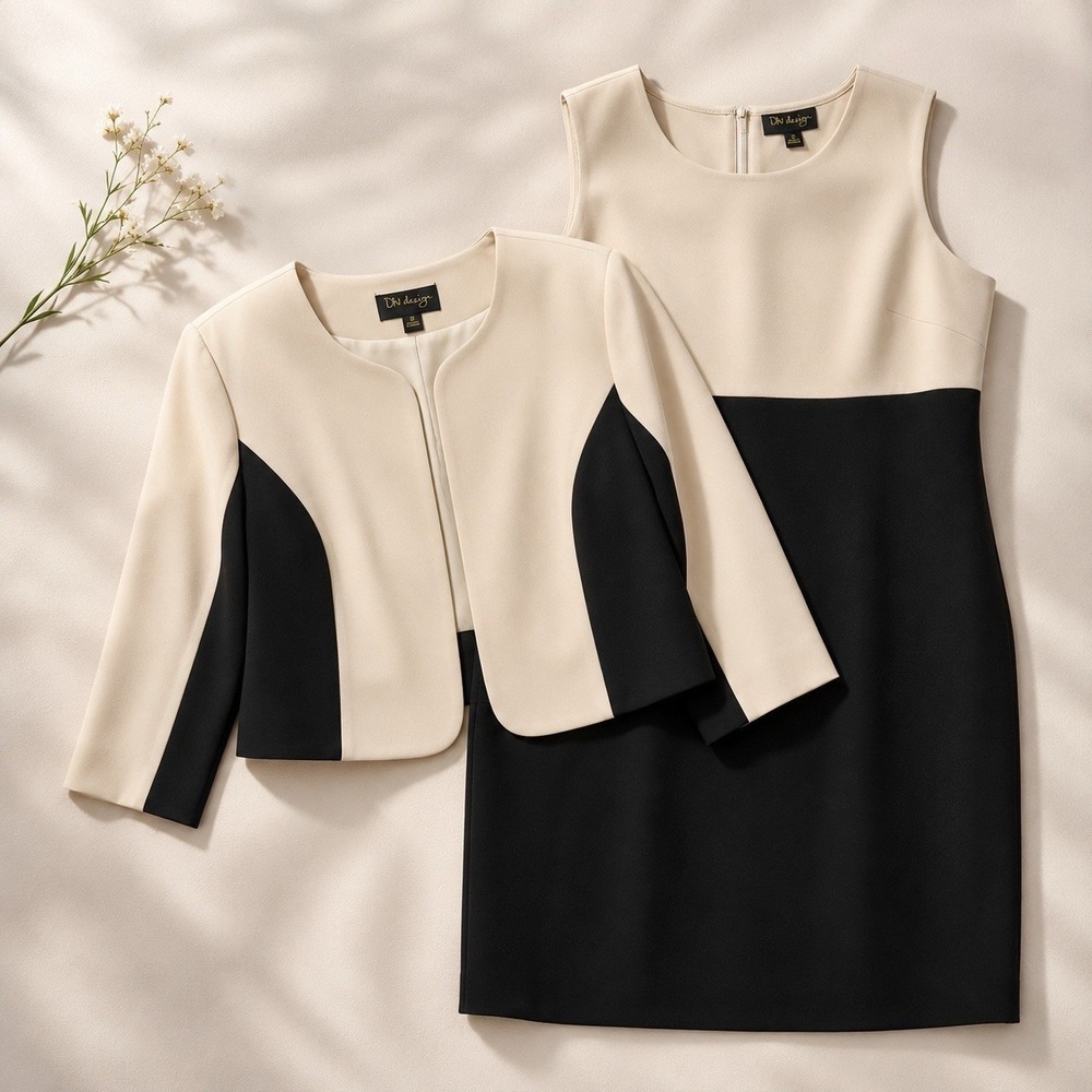 Le Suit Two-Piece Cream and Black Sheath Dress with Cropped Jacket